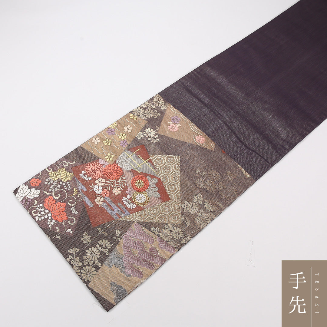色紙 袋帯 帯丈424cm 正絹 六通 セミフォーマル 菊 グレー系 紫系 1243-02575