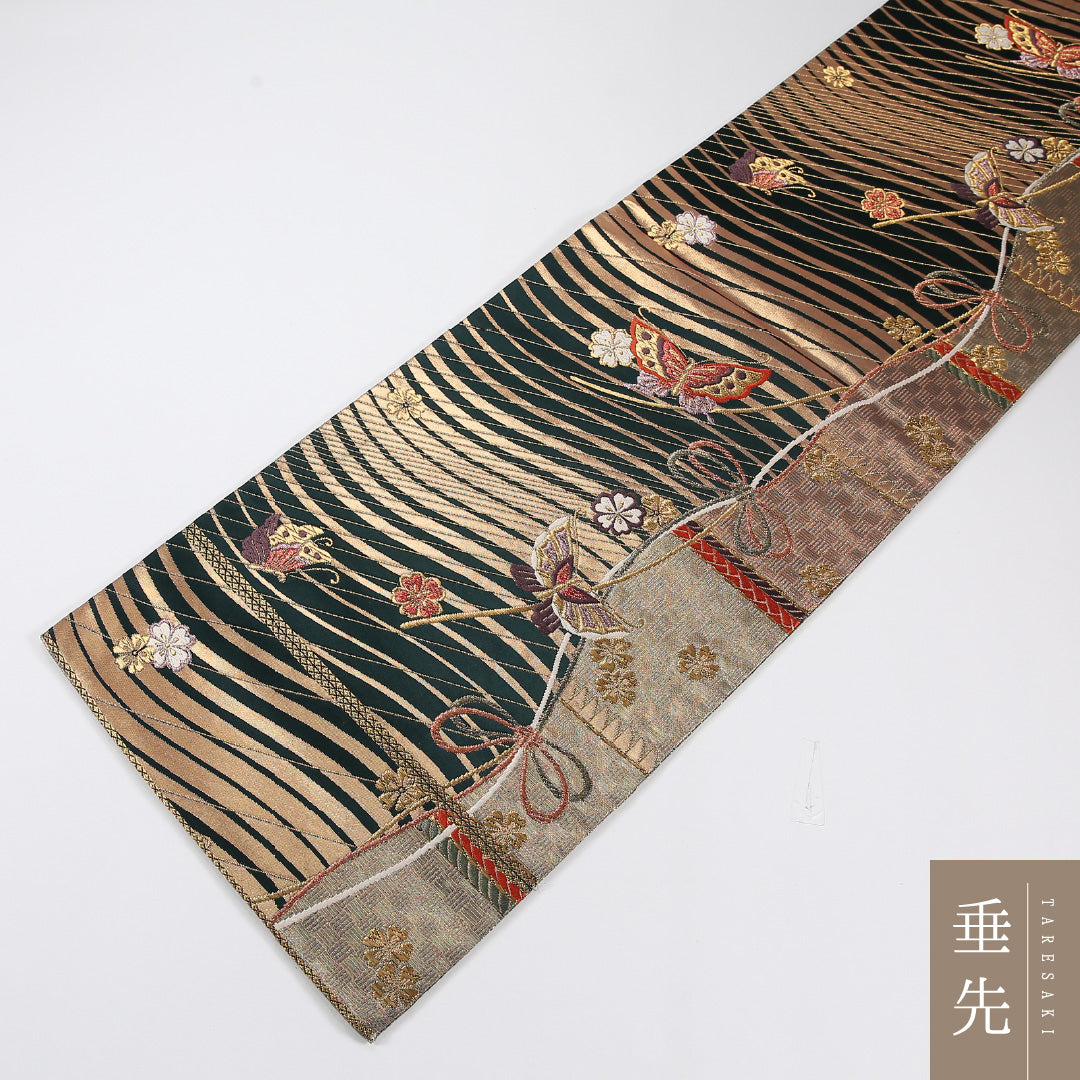 蝶 袋帯 帯丈424cm 正絹 六通 フォーマル 緑系 黒系 1243-02597