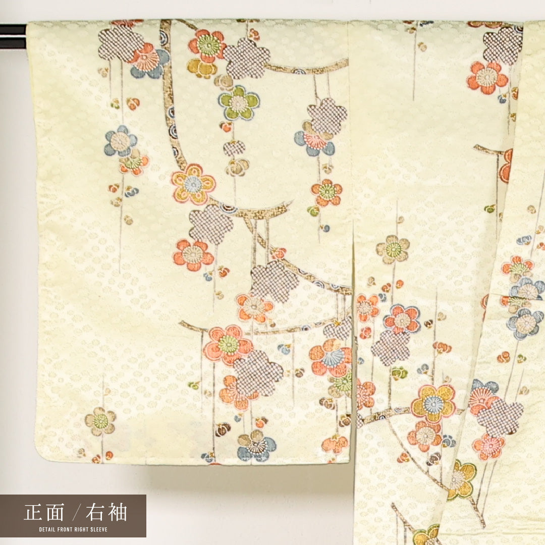 未使用品 洗える着物 小紋 袷 身丈159cm 裄丈63cm ポリエステル Sランク インフォーマル 広衿 Mサイズ しつけ糸 梅 クリーム系 RP 1221-17390