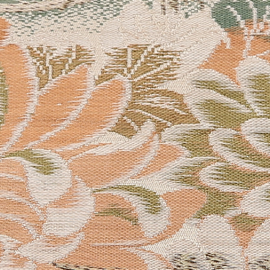 アンティーク 丸帯 帯丈392cm 正絹 全通 鶴 菊 クリーム系 1242-02570
