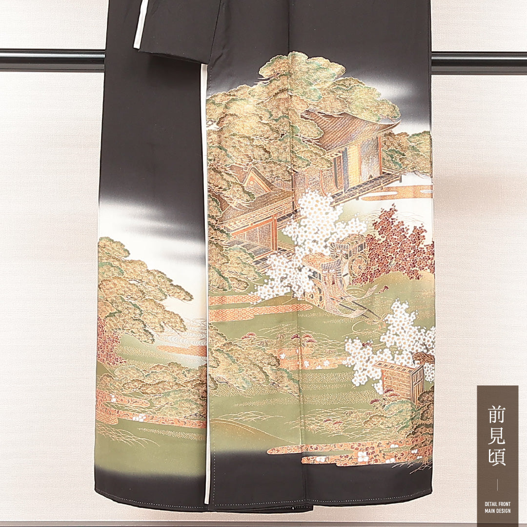 黒留袖 袷 身丈146cm 裄丈60cm 正絹 Sランク 五つ紋 (丸に五三桐) フォーマル 広衿 XSサイズ 金彩 比翼 御所解 黒系 M4 1213-07104