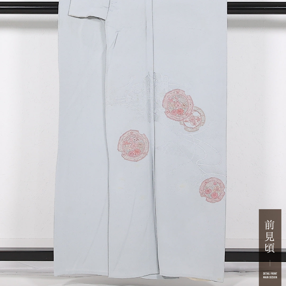 付下げ 単衣 身丈160cm 裄丈66cm 正絹 Cランク インフォーマル 広衿 Lサイズ 汕頭刺繍 居敷当て 丸文 グレー系 LP 1218-17516
