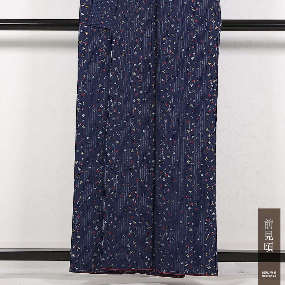 未使用品 洗える着物 小紋 袷 身丈157cm 裄丈62cm ポリエステル Sランク インフォーマル 広衿 XLサイズ しつけ糸 花柄 紺系 RP 1221-17391