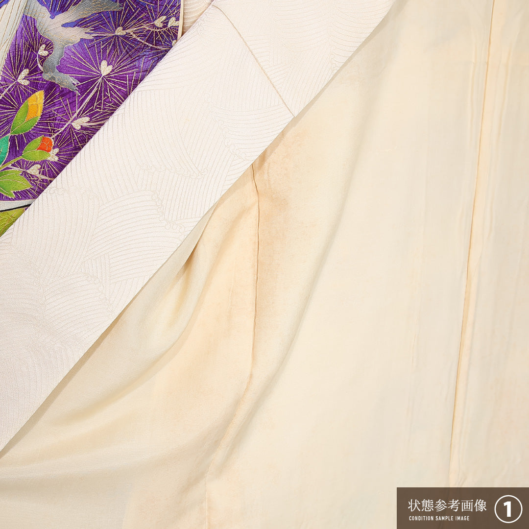 振袖 袷 身丈164cm 裄丈66cm 正絹 Bランク フォーマル 広衿 Lサイズ 鶴 菊 松 クリーム系 RP 1215-06739