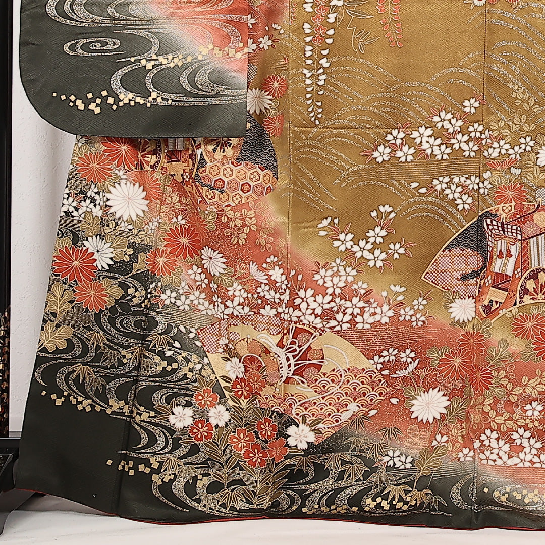 振袖 袷 身丈168cm 裄丈66cm 正絹 Sランク フォーマル 広衿 Lサイズ 金彩 金駒刺繍 御所車 赤系 RP 1215-17394
