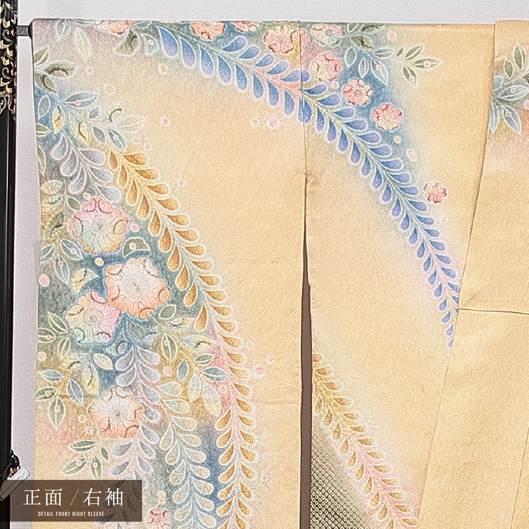 振袖 袷 身丈180cm 裄丈66cm 正絹 Aランク フォーマル 広衿 3XLサイズ 花柄 ベージュ系 RP 1215-06983