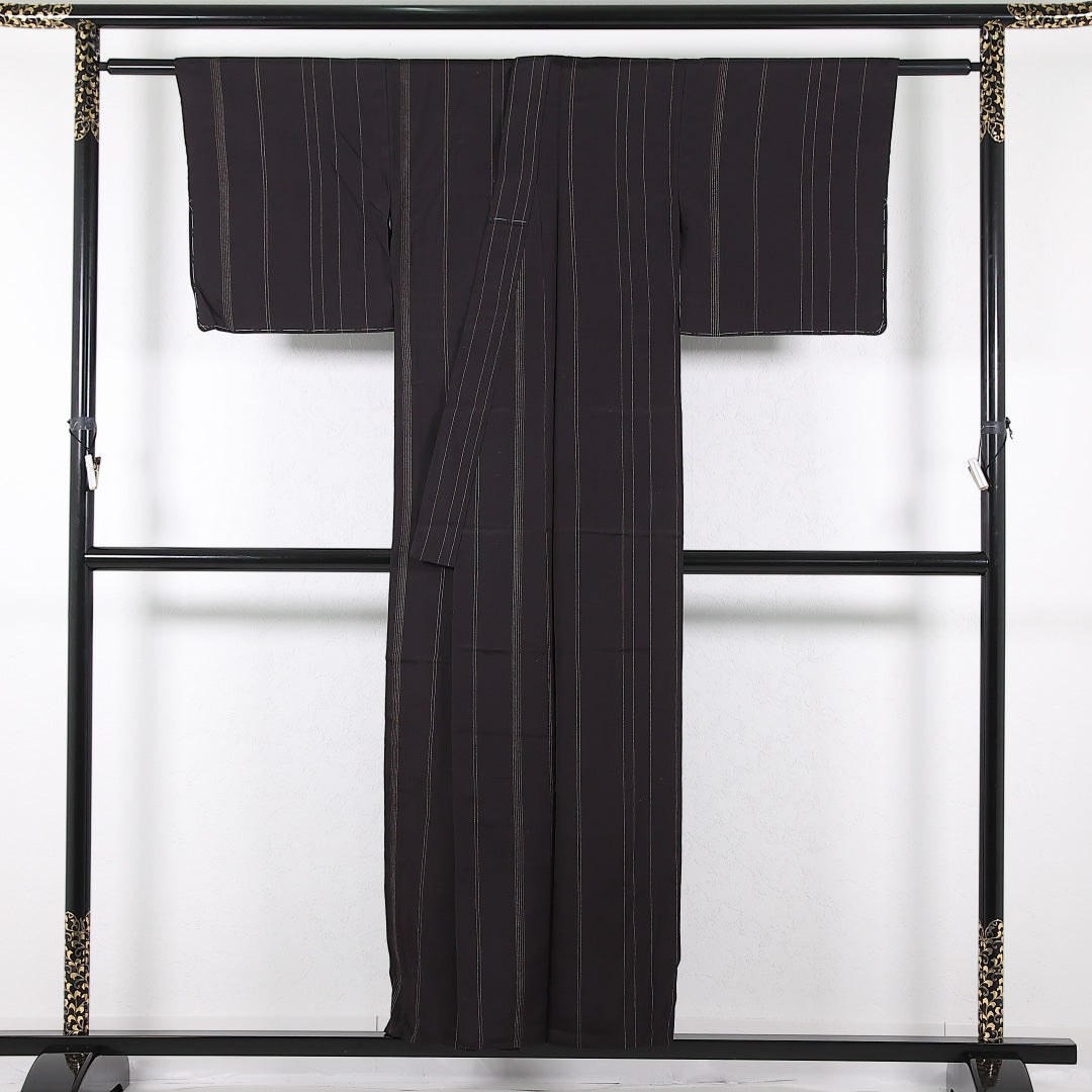 小紋 単衣 身丈150cm 裄丈62cm 正絹 Aランク インフォーマル バチ衿 Sサイズ 縞 黒系 RP 1221-17387