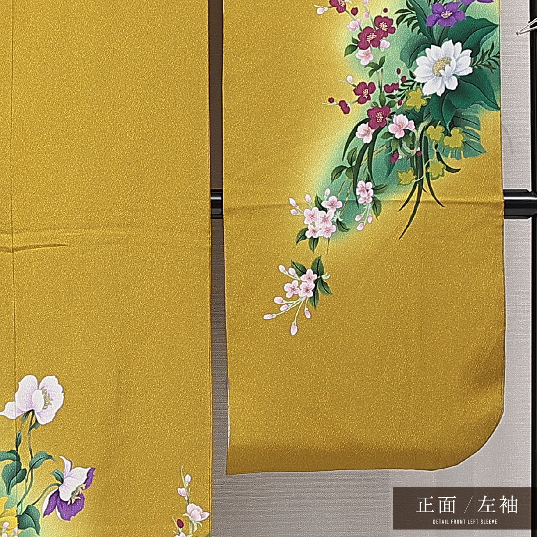 振袖 袷 身丈162cm 裄丈67cm 正絹 Sランク フォーマル 広衿 Lサイズ 百合 黄系 RP 1215-06981