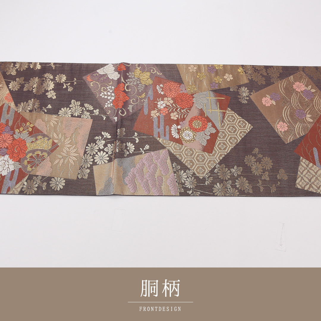 色紙 袋帯 帯丈424cm 正絹 六通 セミフォーマル 菊 グレー系 紫系 1243-02575