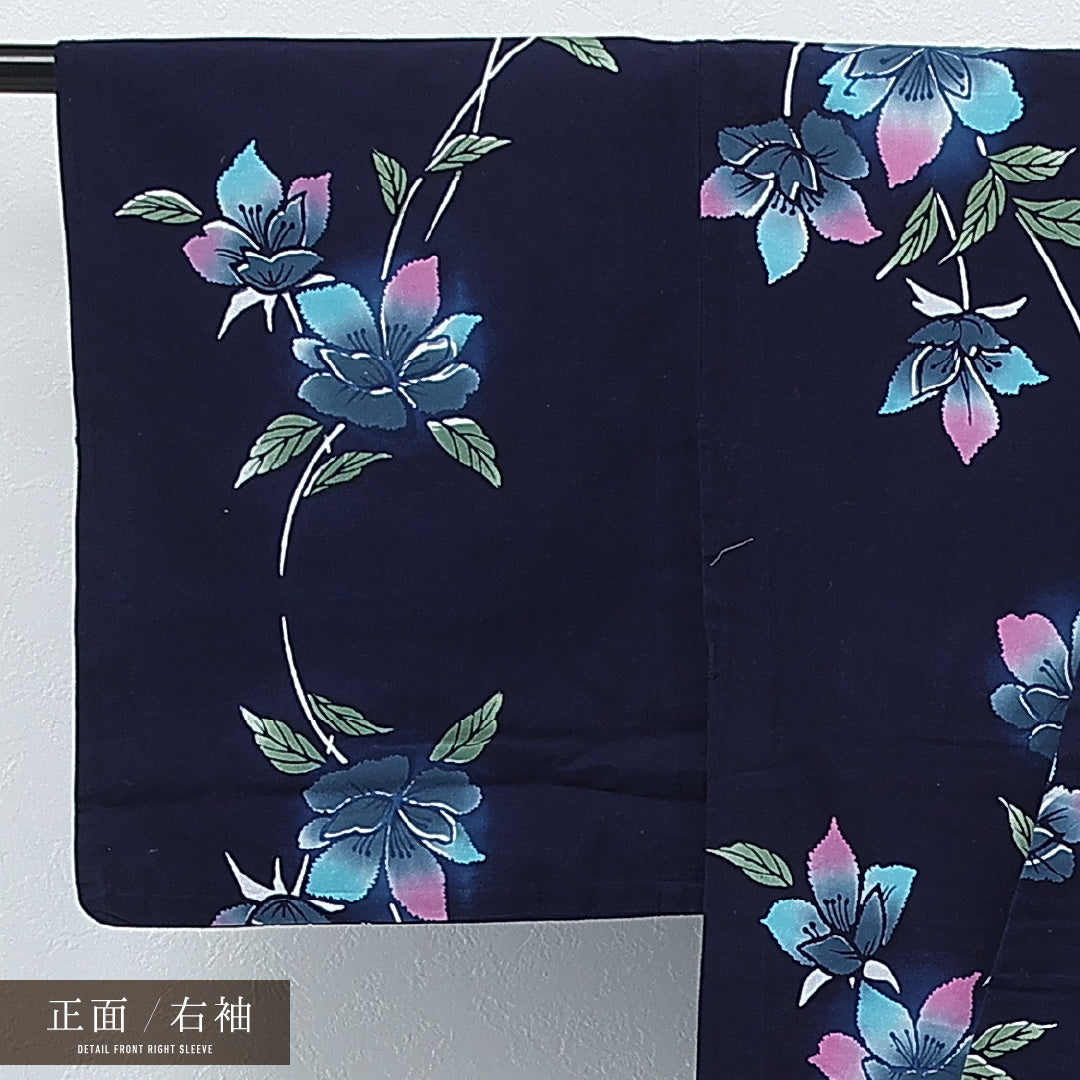 夏物 洗える着物 木綿の浴衣 身丈157cm 裄丈66cm 木綿 Sランク カジュアル バチ衿 Mサイズ 花柄 紺系 RP 1225-17254