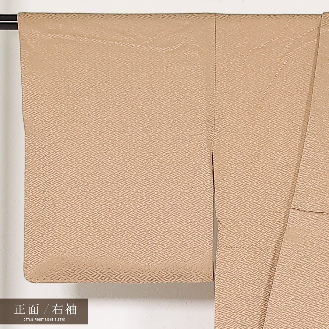 色無地 袷 身丈157cm 裄丈63cm 正絹 Aランク 一つ紋 (梅鉢) 紋意匠 (紗綾形) セミフォーマル 広衿 XSサイズ ベージュ系 RP 1219-17484