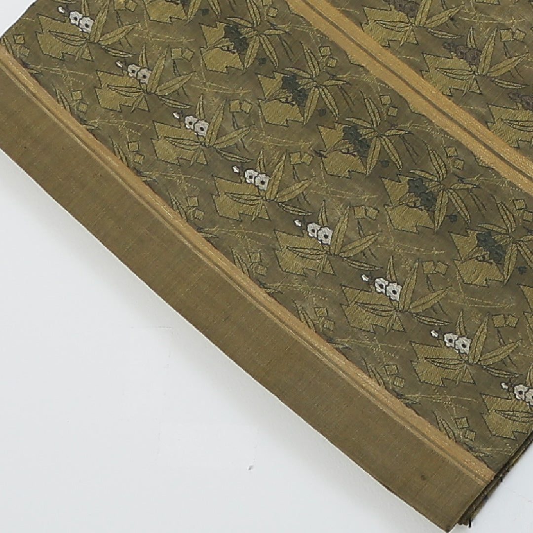 アンティーク 丸帯 帯丈398cm 正絹 全通 松皮菱 笹 茶系 緑系 1242-00380