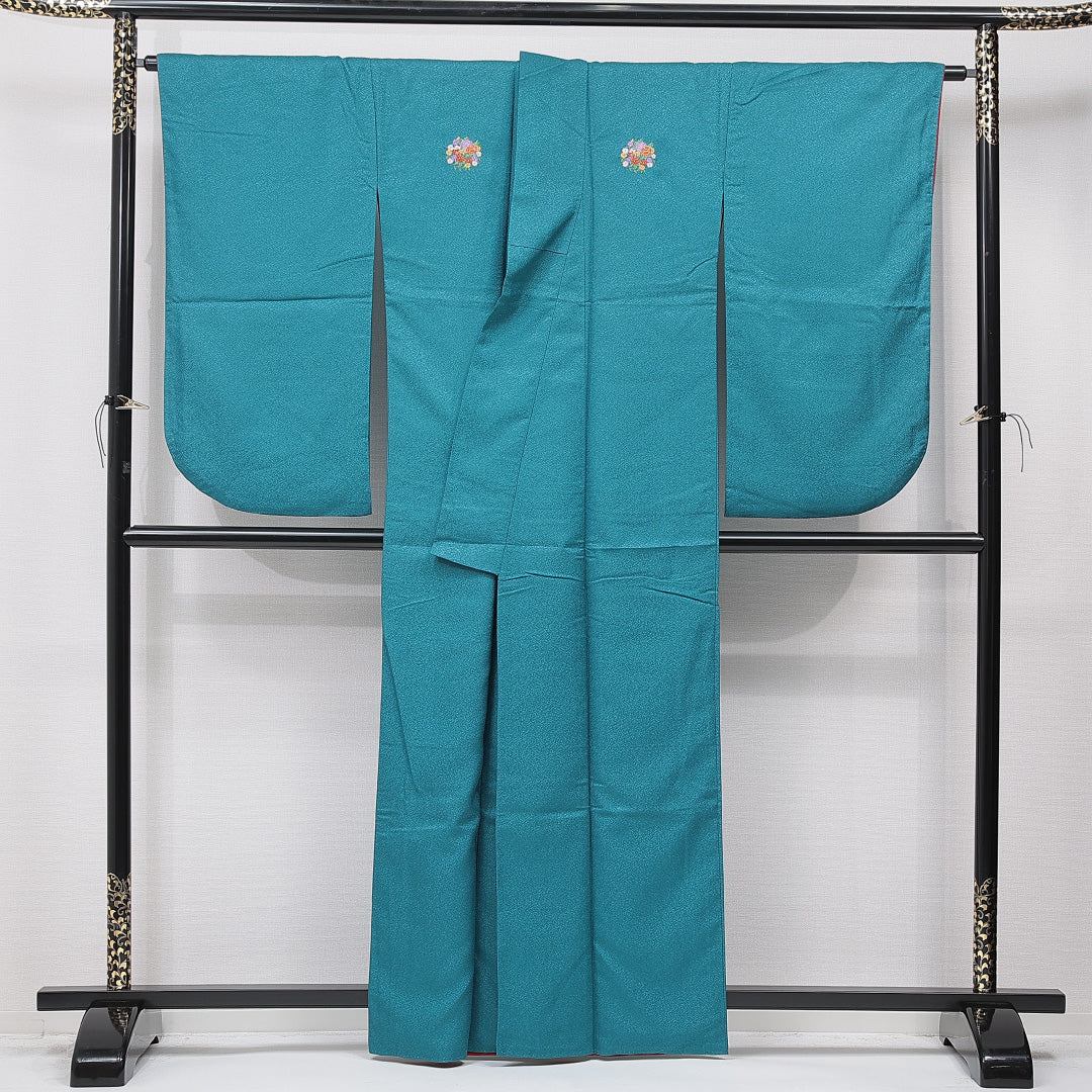 洗える着物 小振袖 袷 身丈160cm 裄丈65cm ポリエステル Sランク 紋意匠 (紗綾形) セミフォーマル 広衿 Lサイズ 刺繍 牡丹 菊 青系 RP 1216-07058