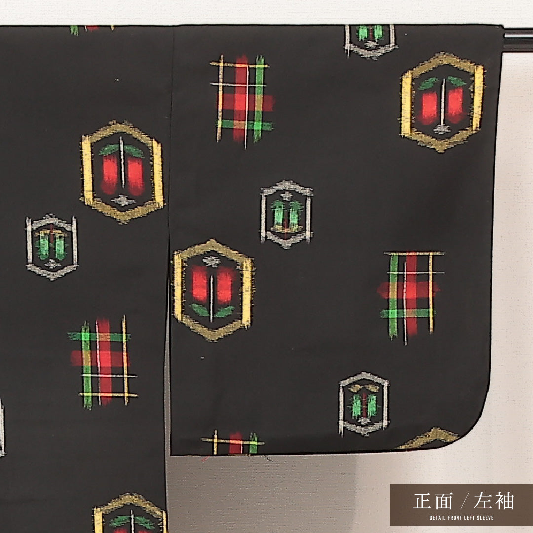 紬 単衣 身丈157cm 裄丈65cm 正絹 Dランク カジュアル バチ衿 XSサイズ 井絣 黒系 LP 1223-17218