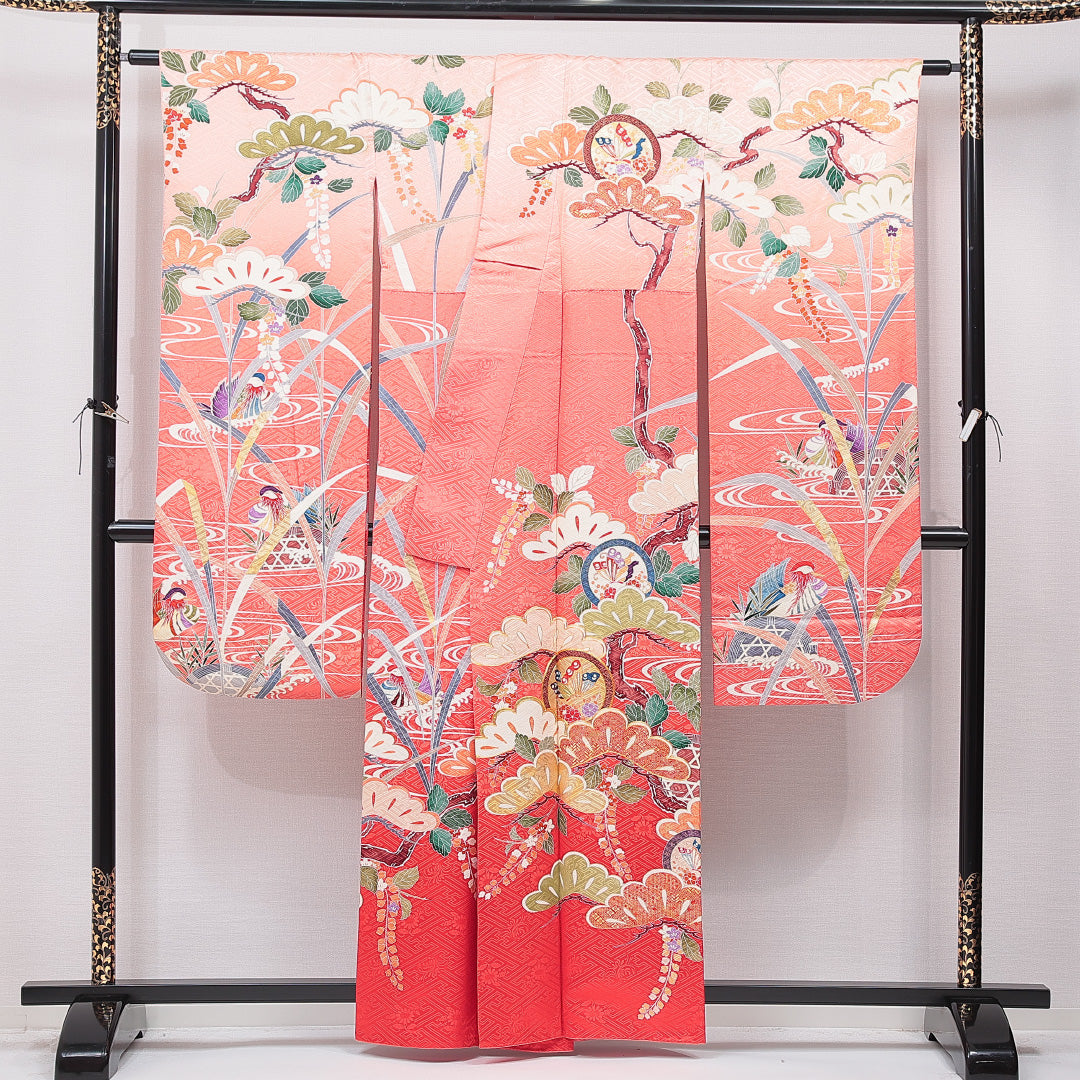 振袖 袷 身丈160cm 裄丈66cm 正絹 Cランク フォーマル 広衿 Lサイズ 鴛鴦 流水 ピンク系 LP 1215-07049
