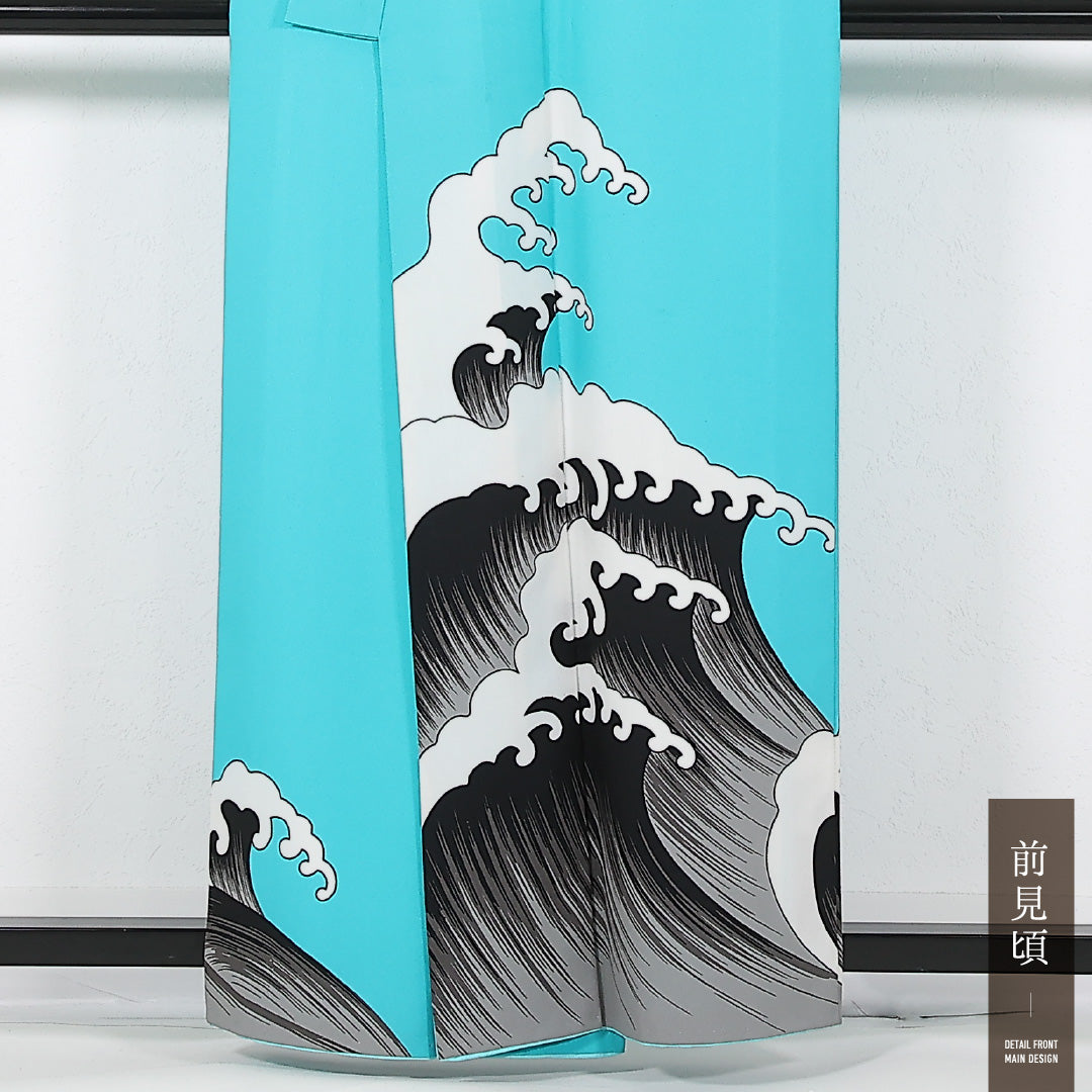 洗える着物 男着物 単衣 身丈158cm 裄丈66cm ポリエステル Cランク 踊り用 棒衿 3XLサイズ 波頭 水色系 RP 1224-17434