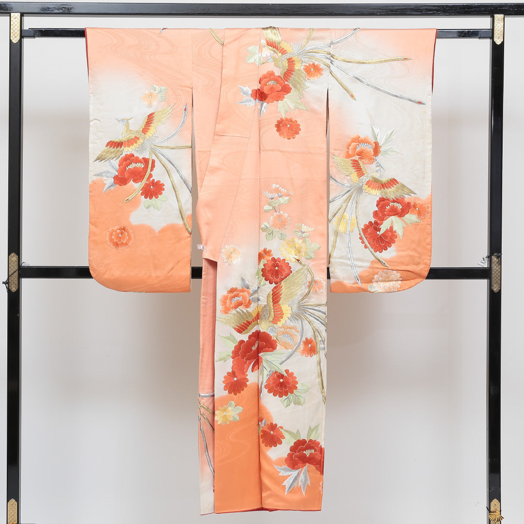 アンティーク 小振袖 (錦紗) 袷 身丈145cm 裄丈63cm 正絹 Cランク 一つ紋 (蔦) 広衿 XSサイズ 唐織 花喰鳥 朱系 M4 1216-06303