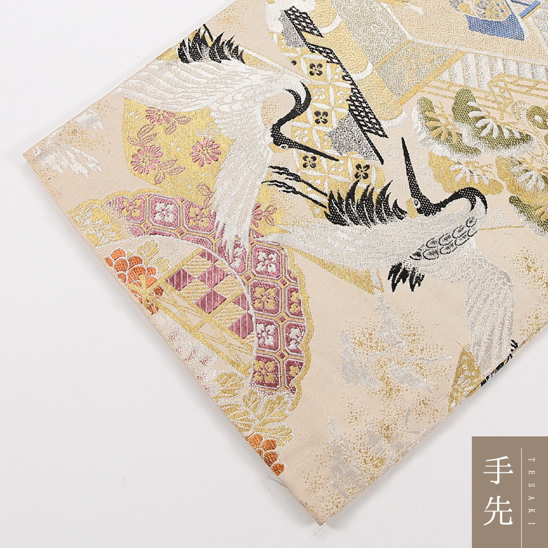 アンティーク 丸帯 帯丈394cm 正絹 全通 鶴 菊 松 クリーム系 1242-02568