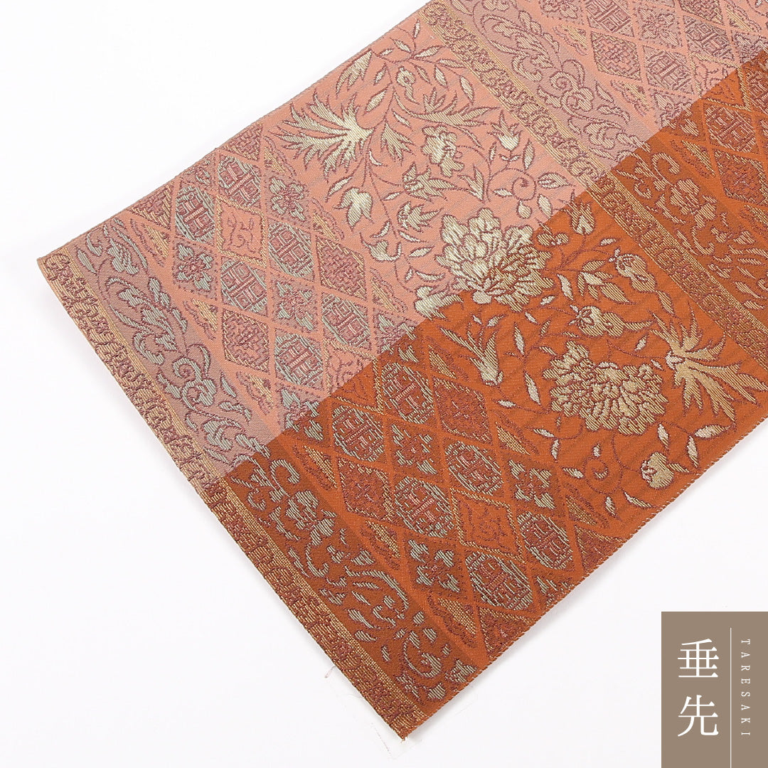 牡丹 八寸名古屋帯 Aランク 帯丈349cm 正絹 六通 名古屋仕立て 織り インフォーマル 唐草 茶系 • ピンク系 RP 1245-04755