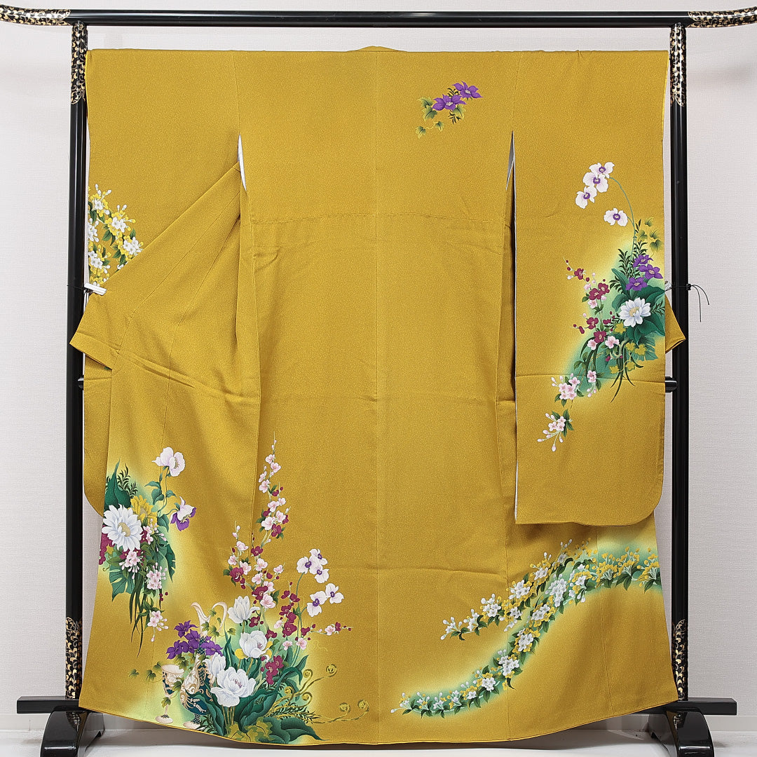 振袖 袷 身丈162cm 裄丈67cm 正絹 Sランク フォーマル 広衿 Lサイズ 百合 黄系 RP 1215-06981
