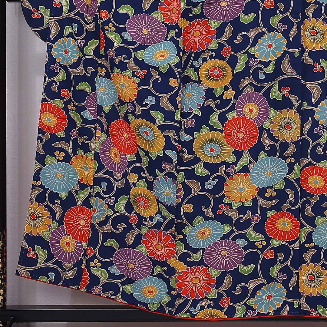 振袖 袷 身丈156cm 裄丈65cm 正絹 Sランク フォーマル 広衿 Mサイズ 菊 紺系 RP 1215-06768