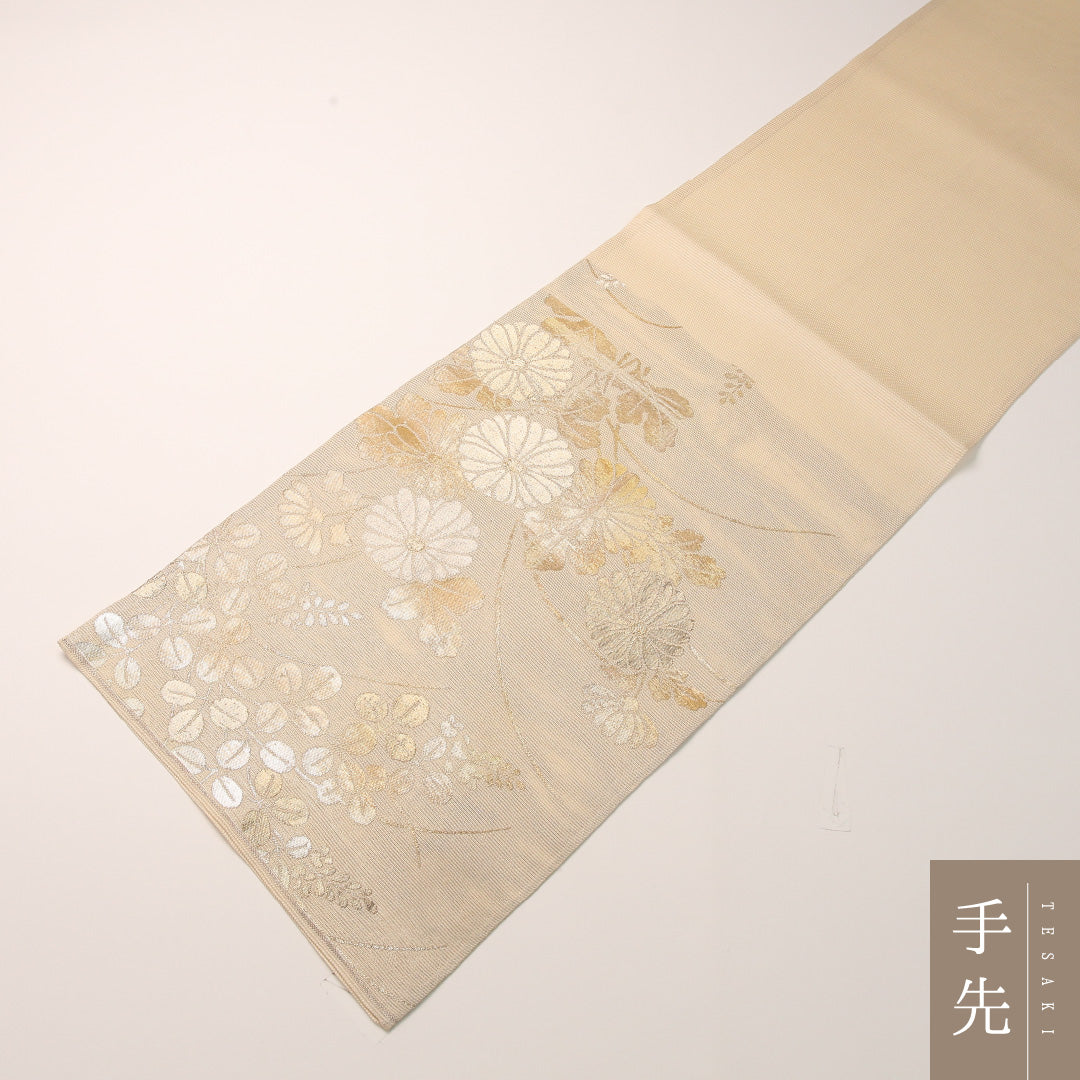 夏物 袋帯 帯丈416cm 正絹 六通 セミフォーマル 菊 萩 クリーム系 1243-02458
