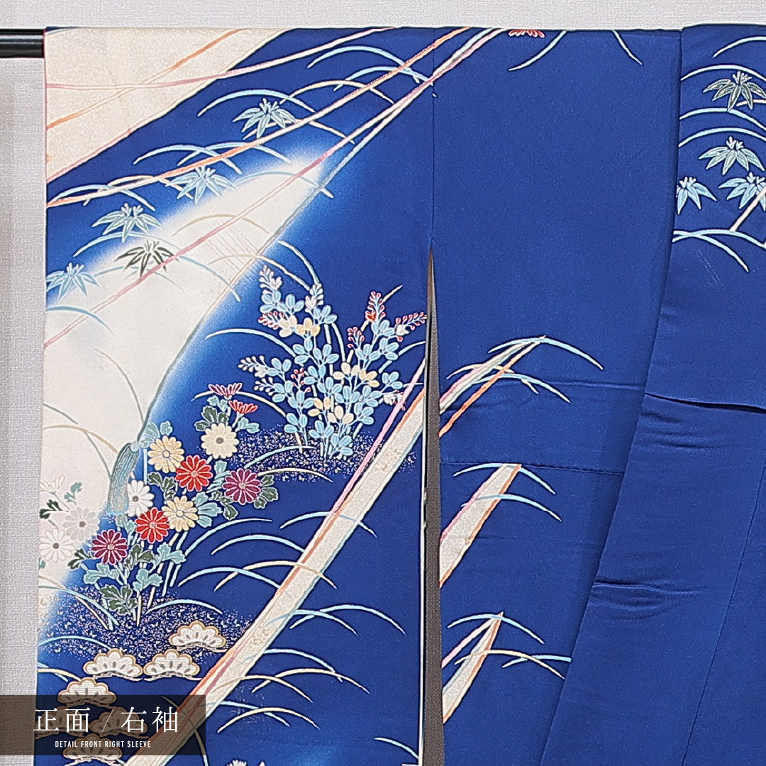 振袖 袷 身丈158cm 裄丈63cm 正絹 Aランク フォーマル 広衿 Mサイズ 金駒刺繍 扇面文 鶴 牡丹 青系 RP 1215-06995