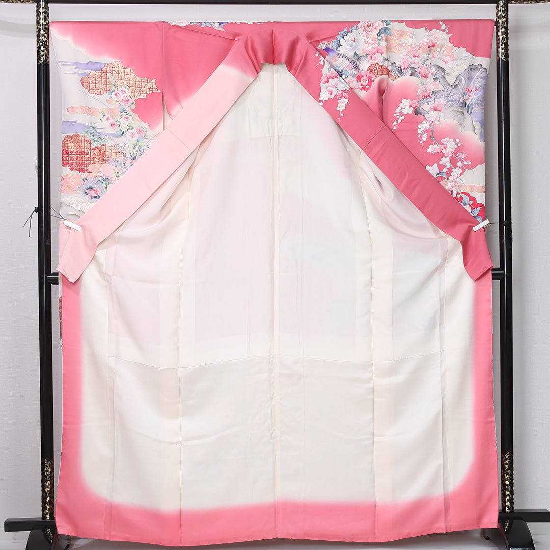 振袖 袷 身丈165cm 裄丈66cm 正絹 Bランク フォーマル 広衿 XLサイズ 鳳翔 作家物 落款 尾長鳥 牡丹 松 ピンク系 M4 1215-06749