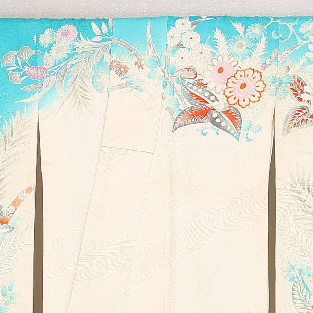 洗える着物 振袖 袷 身丈163cm 裄丈64cm ポリエステル Bランク フォーマル 広衿 Lサイズ 刺繍 孔雀 水色系 RP 1215-06804