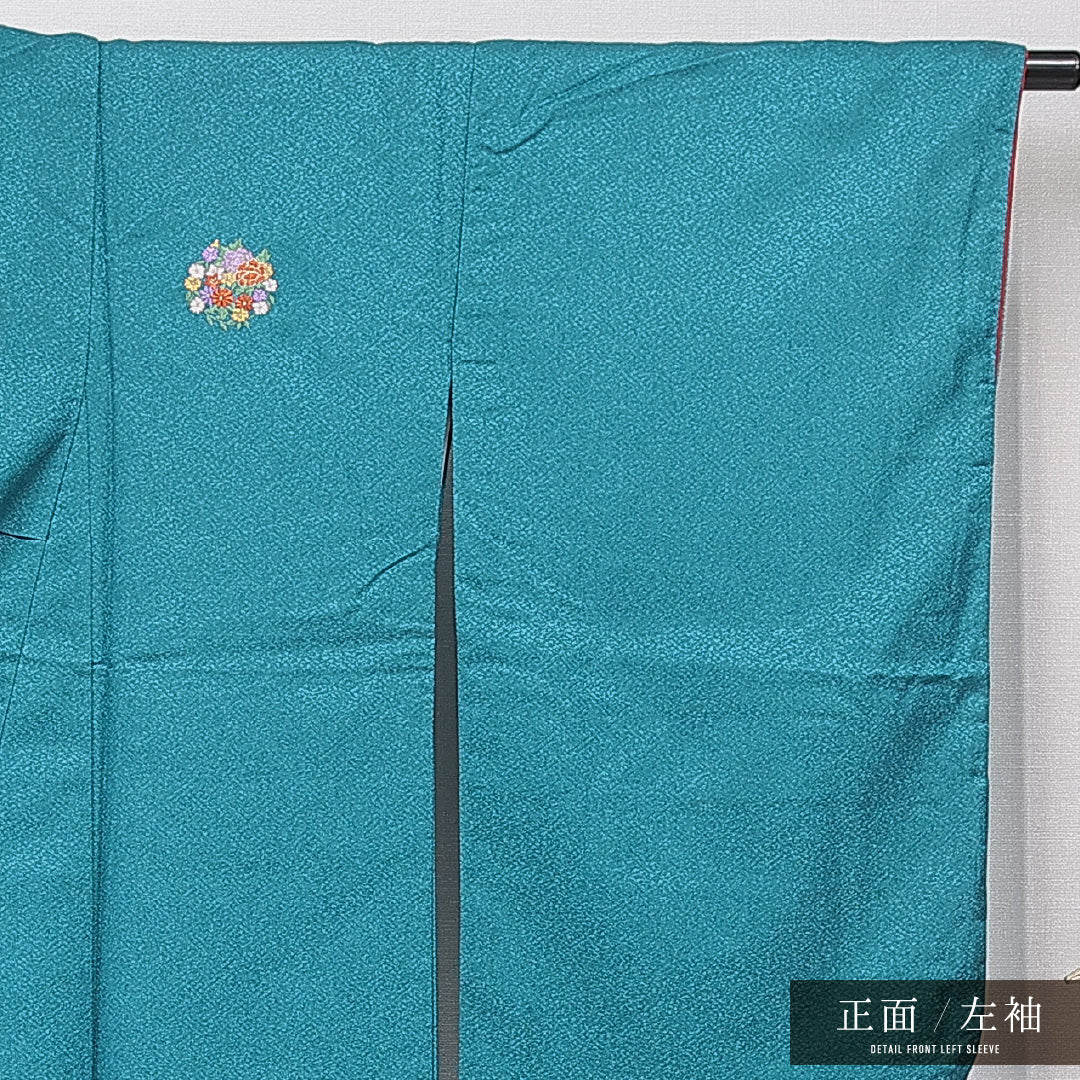 洗える着物 小振袖 袷 身丈160cm 裄丈65cm ポリエステル Sランク 紋意匠 (紗綾形) セミフォーマル 広衿 Lサイズ 刺繍 牡丹 菊 青系 RP 1216-07058