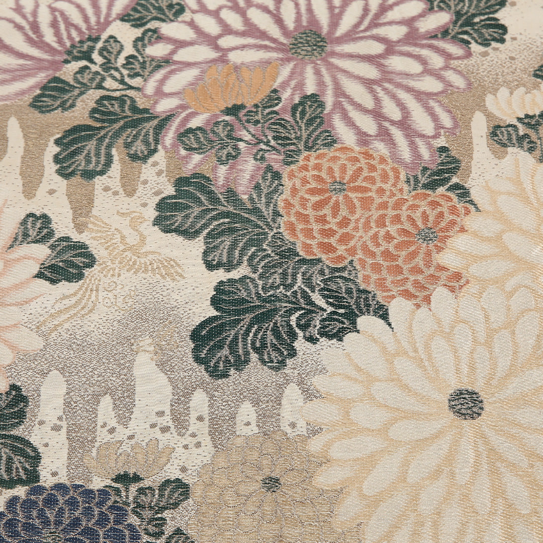 アンティーク 丸帯 帯丈396cm 正絹 全通 菊 クリーム系 1242-02560