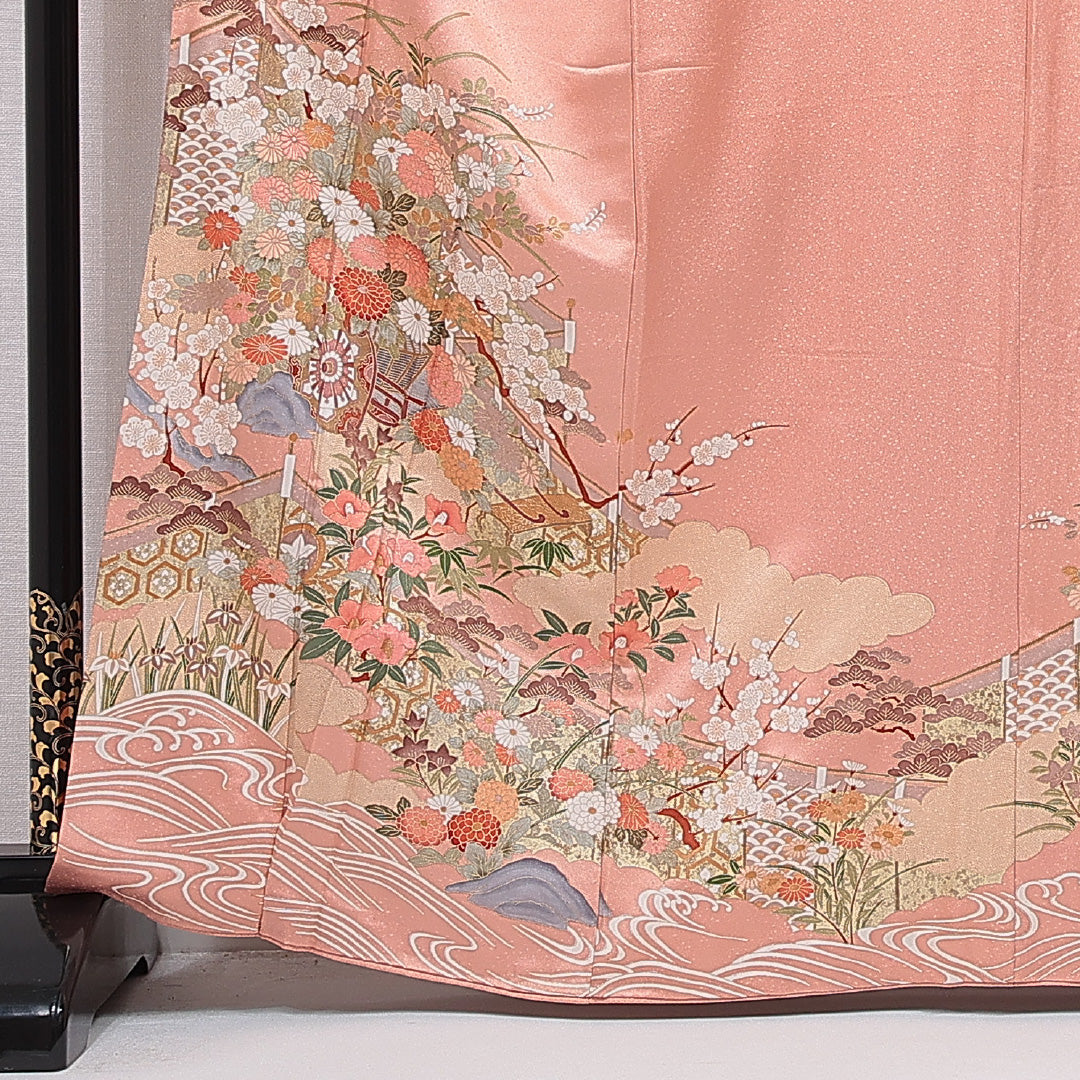 色留袖 袷 身丈165cm 裄丈65cm 正絹 Sランク 三つ紋 (五三桐) フォーマル 広衿 XLサイズ 比翼 御所解 ピンク系 RP 1214-07076