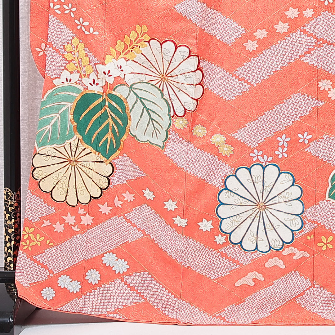 振袖 袷 身丈167cm 裄丈65cm 正絹 Cランク フォーマル 広衿 XLサイズ 金駒刺繍 菊 桐 朱系 HP 1215-06930