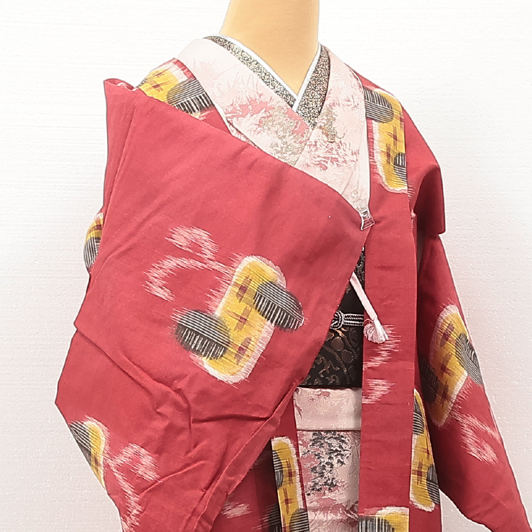アンティーク 羽織 (銘仙) 袷 身丈90cm 裄丈64cm 正絹 Cランク Mサイズ 紐あり 小判 赤系 RP 1232-17210