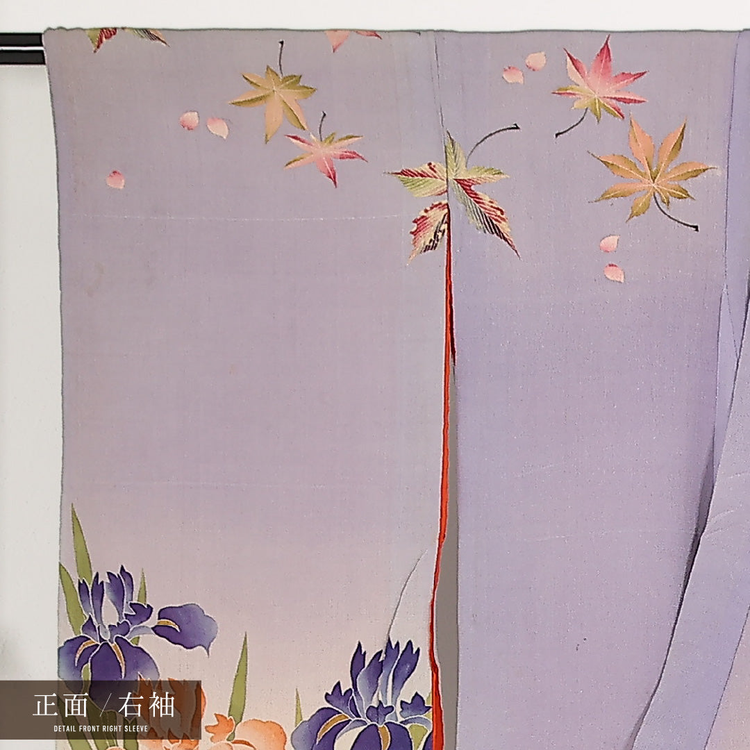 アンティーク 小振袖 (ちりめん) 袷 身丈128cm 裄丈63cm 正絹 Dランク 三つ紋 (三つ割五三桐) バチ衿 XSサイズ 菖蒲 紅葉 ちりめん グレー系 M4 1216-17555