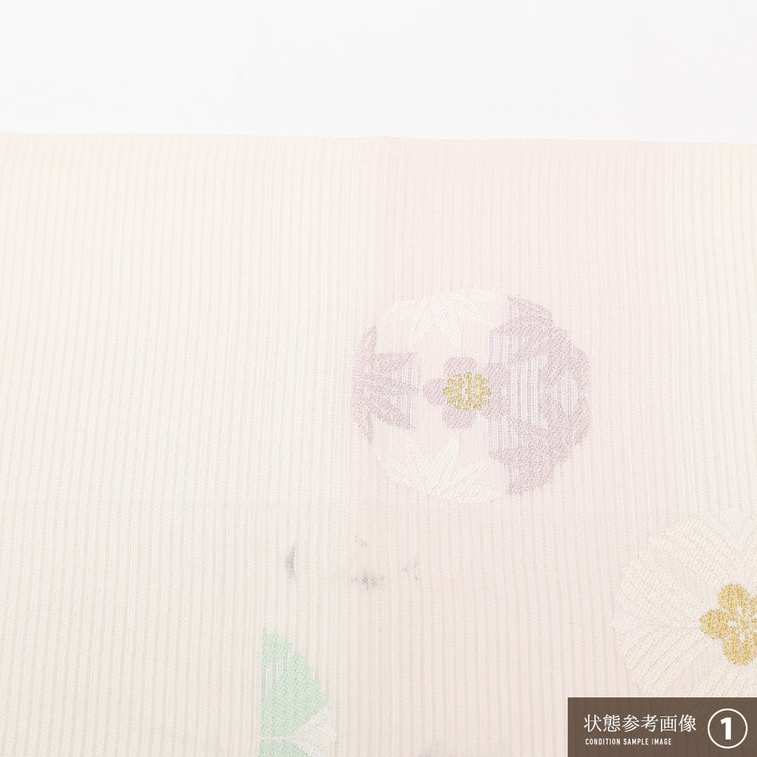 夏物 袋帯 帯丈432cm 正絹 六通 インフォーマル 丸文 クリーム系 ピンク系 1243-02518