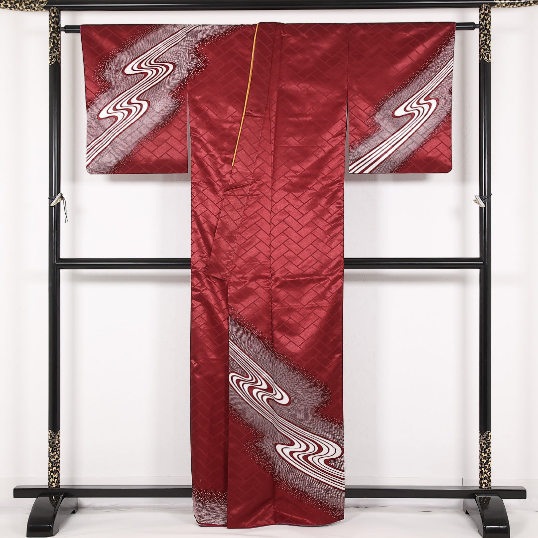 洗える着物 訪問着 袷 身丈161cm 裄丈66cm ポリエステル Aランク 踊り用 バチ衿 XLサイズ 流水 赤系 LP 1217-17508
