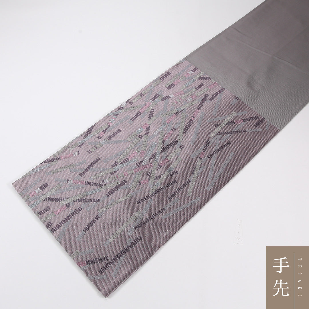 創作柄 袋帯 帯丈438cm 正絹 六通 帯芯なし インフォーマル 紫系 グレー系 1243-02598