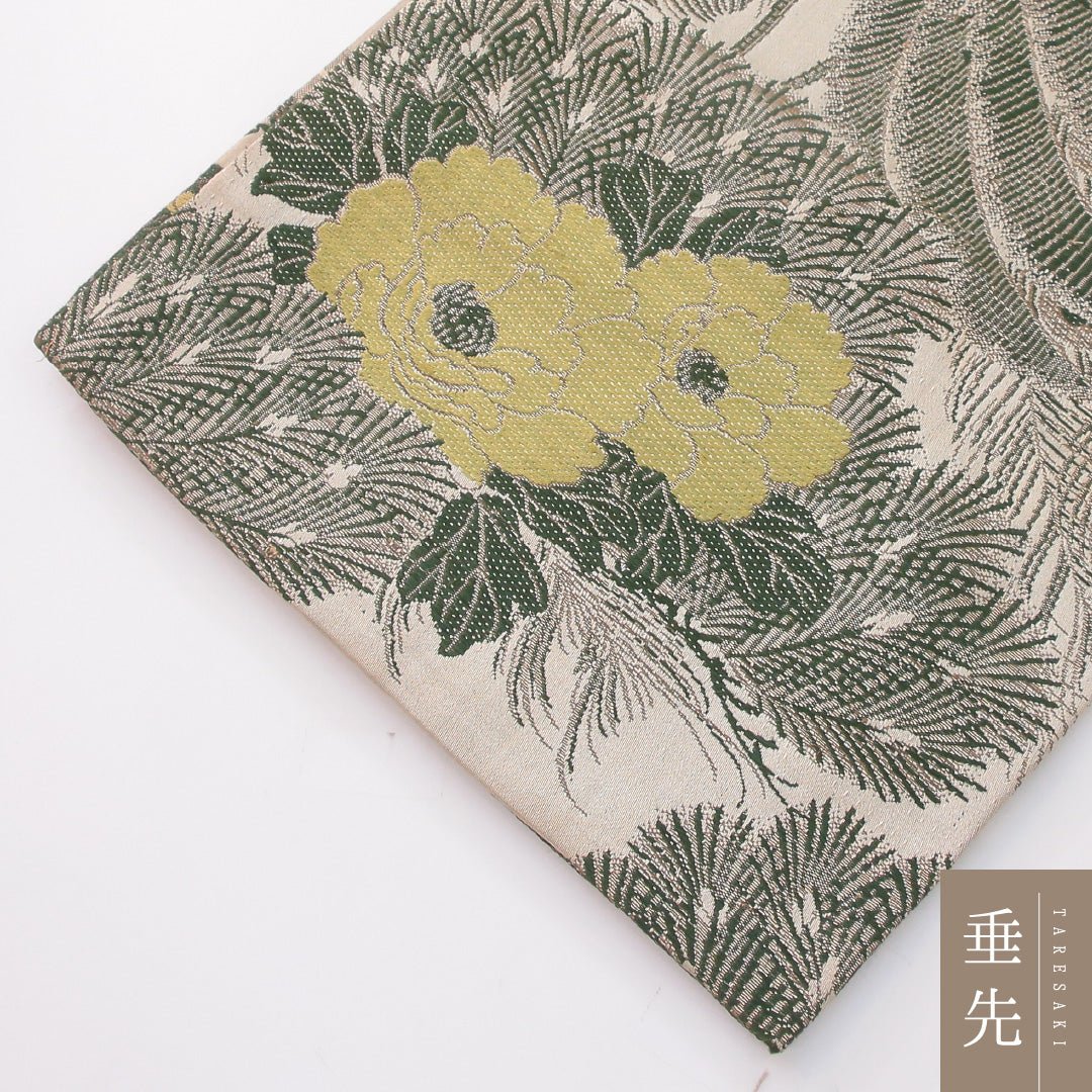 アンティーク 丸帯 帯丈376cm 正絹 全通 孔雀 菊 グレー系 1242-02422