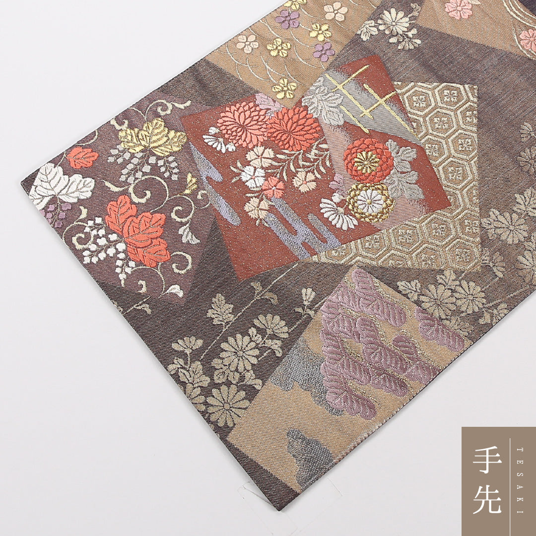 色紙 袋帯 帯丈424cm 正絹 六通 セミフォーマル 菊 グレー系 紫系 1243-02575