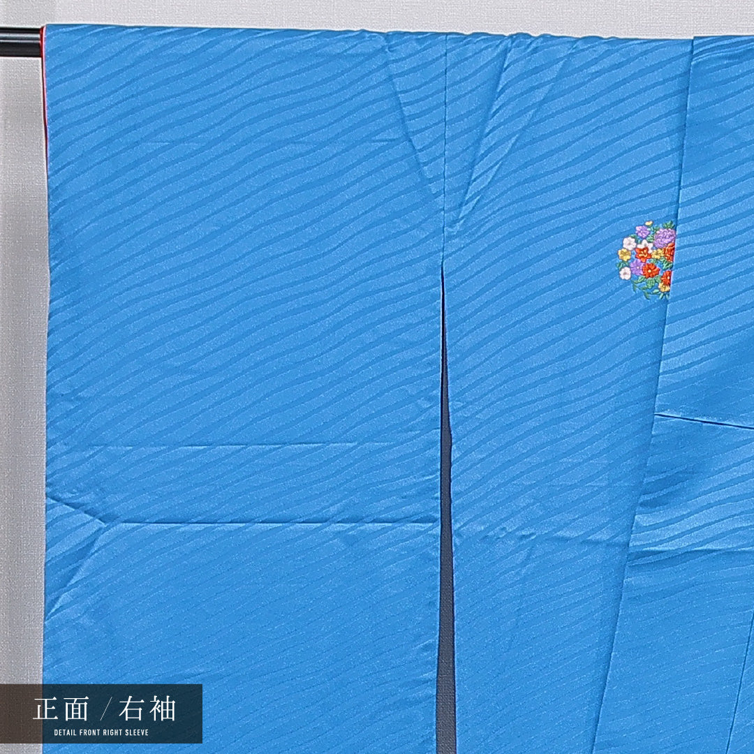 洗える着物 小振袖 袷 身丈172cm 裄丈67cm ポリエステル Sランク セミフォーマル 広衿 2XLサイズ 刺繍 牡丹 菊 青系 RP 1216-07054