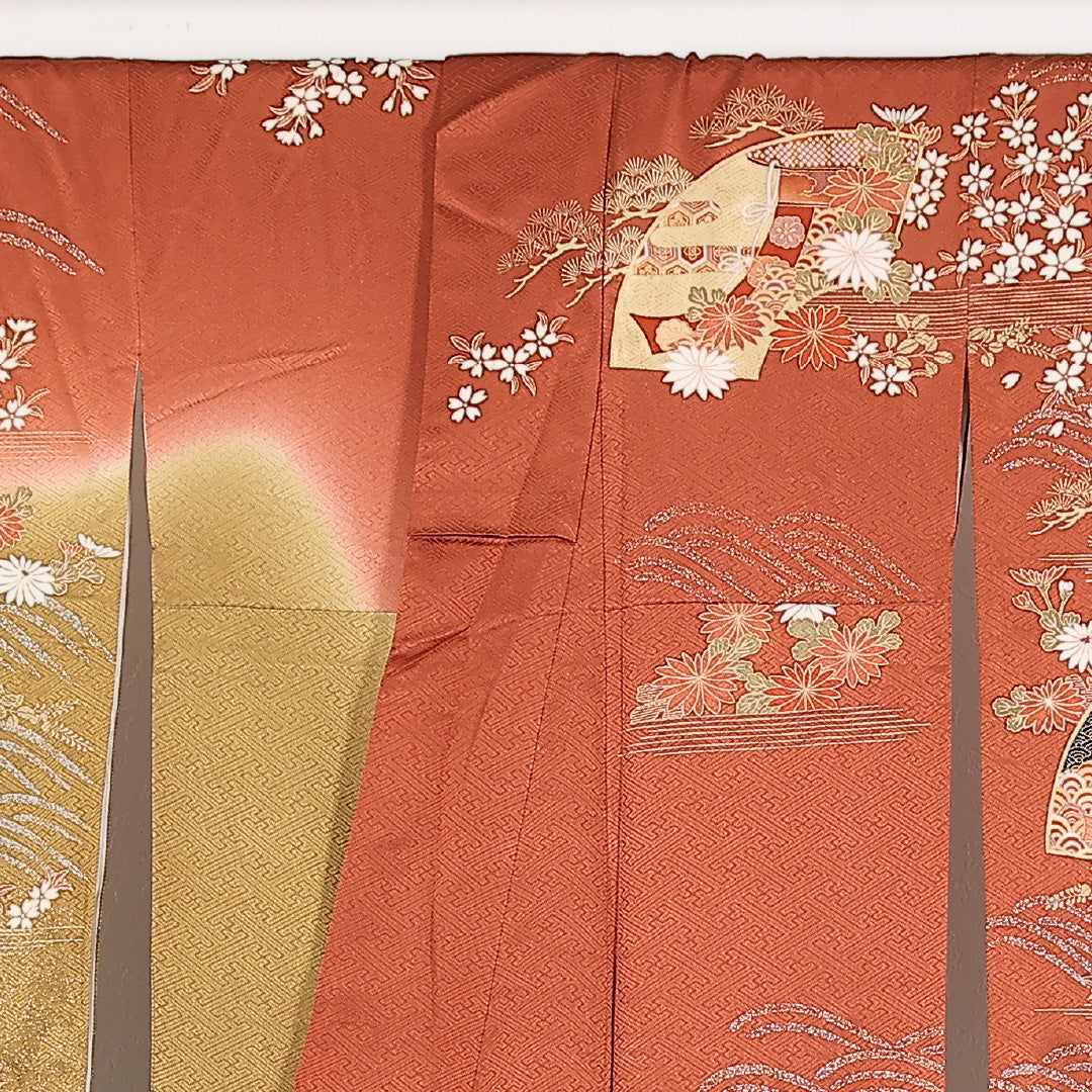 振袖 袷 身丈168cm 裄丈66cm 正絹 Sランク フォーマル 広衿 Lサイズ 金彩 金駒刺繍 御所車 赤系 RP 1215-17394