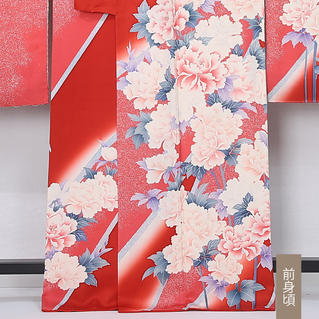 振袖 袷 身丈163cm 裄丈66cm 正絹 Aランク フォーマル 広衿 Lサイズ 牡丹 赤系 RP 1215-06716