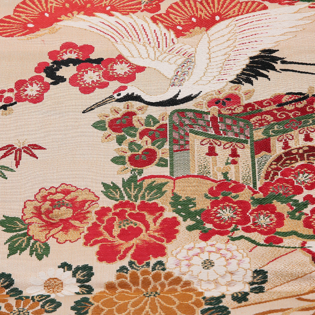 松鶴 丸帯 帯丈376cm 正絹 全通 フォーマル クリーム系 ピンク系 1243-02602