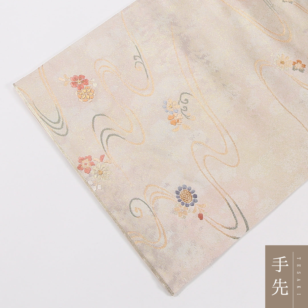 流水 袋帯 帯丈420cm 正絹 六通 セミフォーマル 菊 クリーム系 ピンク系 1243-02630