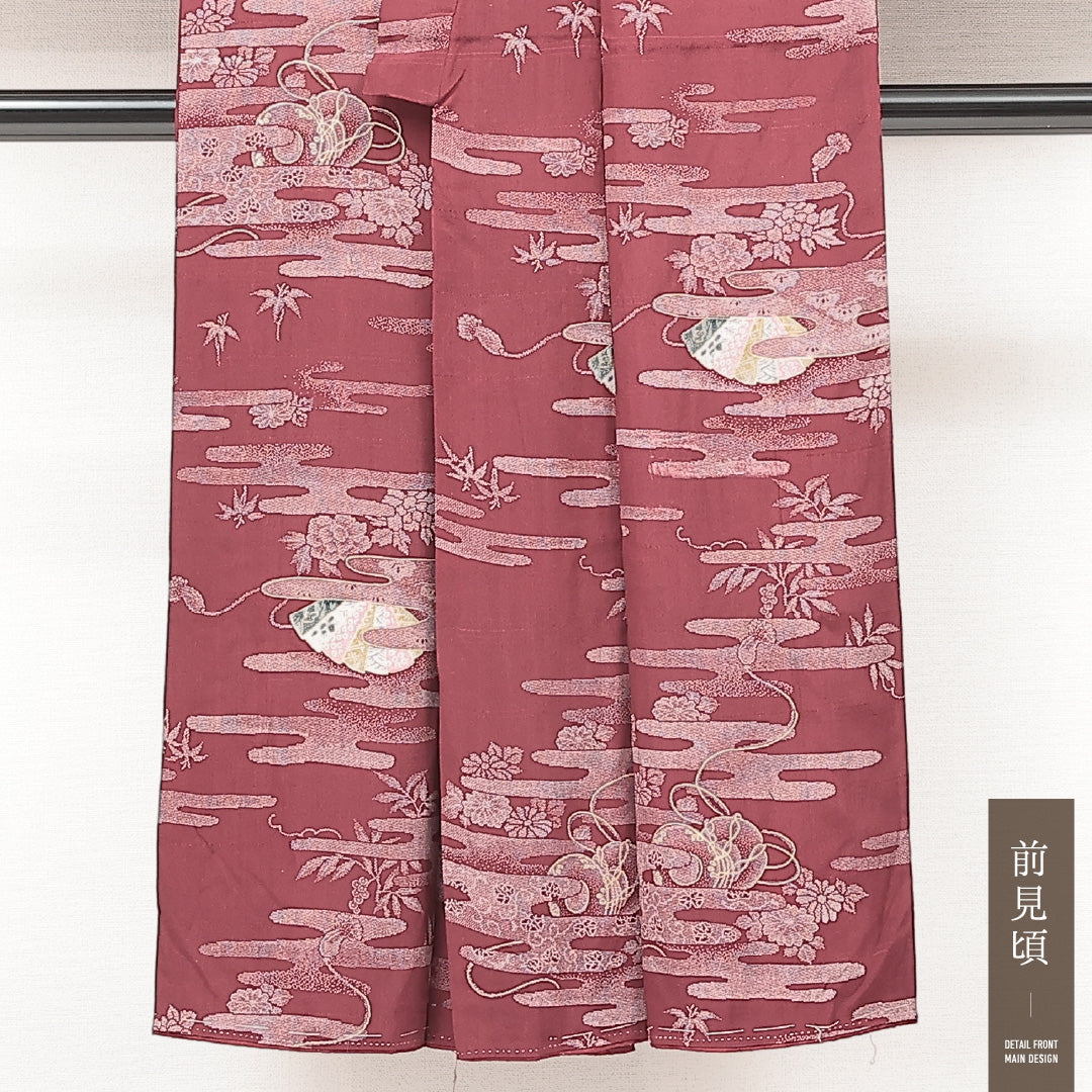 アンティーク 小紋 袷 身丈141cm 裄丈62cm 正絹 Aランク バチ衿 XSサイズ 檜扇 鼓 エ霞 紫系 LP 1221-17196