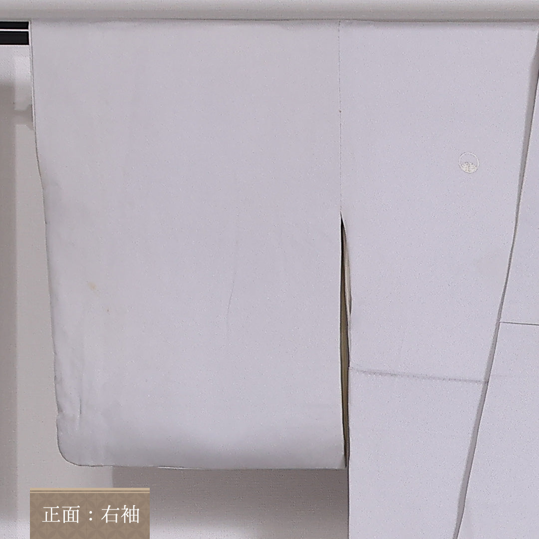 色留袖 袷 身丈158cm 裄丈63cm 正絹 Cランク 五つ紋 (抱き茗荷) フォーマル 広衿 Mサイズ 琳派 金駒刺繍 比翼 椿 グレー系 RP 1214-06543