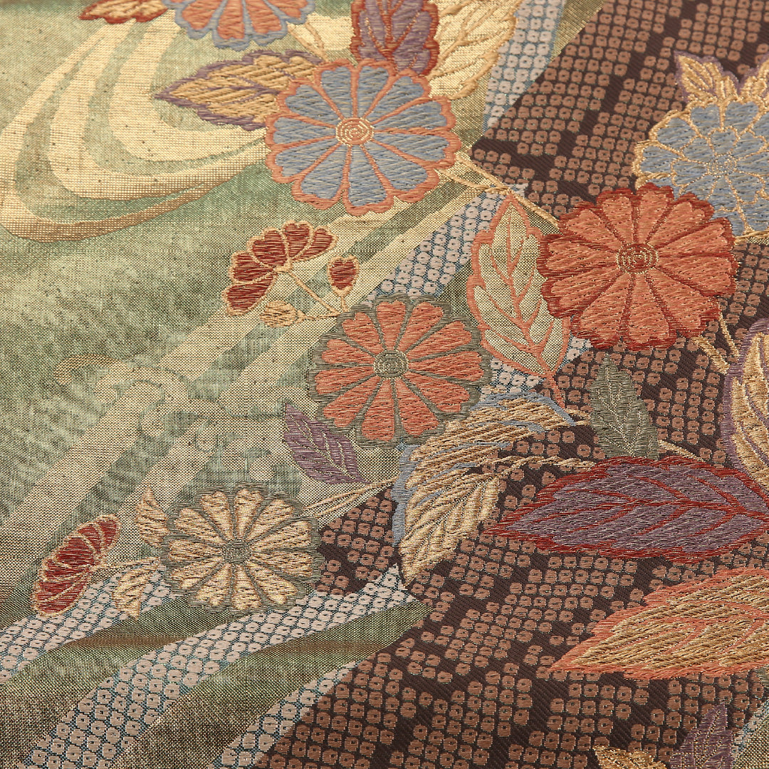 菊 袋帯 帯丈428cm ポリエステル 六通 フォーマル 緑系 金系 1243-02583