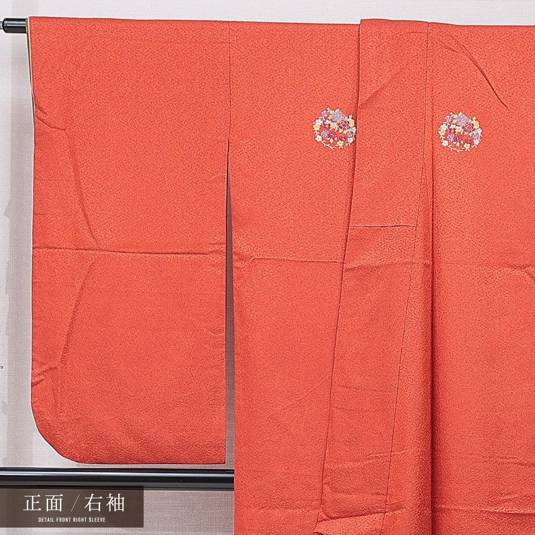 洗える着物 小振袖 袷 身丈170cm 裄丈66cm ポリエステル Sランク 紋意匠 (紗綾形) セミフォーマル 広衿 2XLサイズ 刺繍 牡丹 菊 朱系 RP 1216-07061