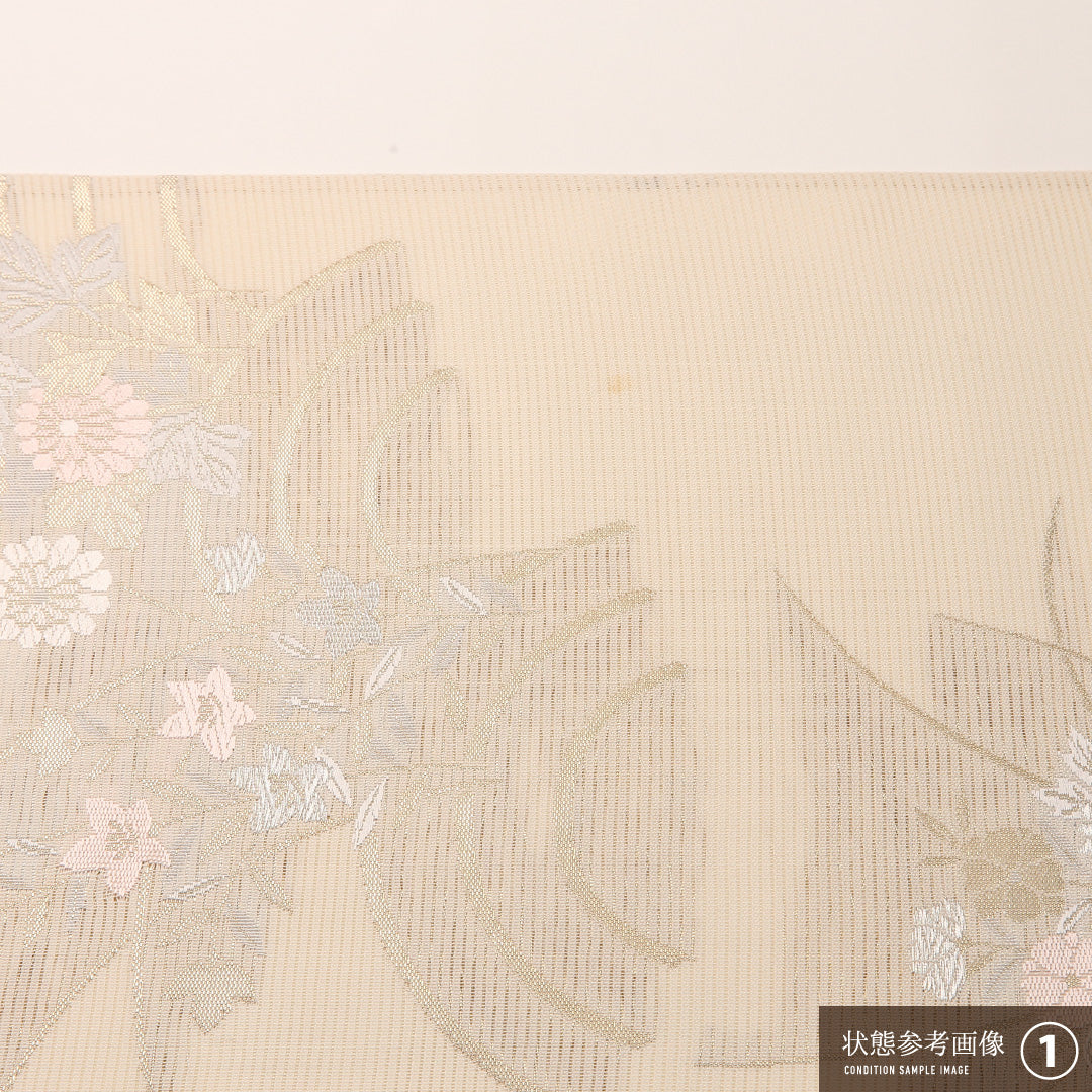 夏物 袋帯 帯丈444cm 正絹 六通 インフォーマル 菊 クリーム系 1243-02457